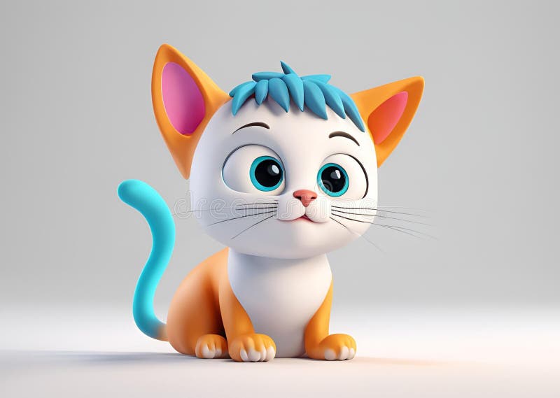 Adorabil Cartoon Kitten Cute 3D Made Orange și White Cat cu Blue Hair AI generat. stock illustration