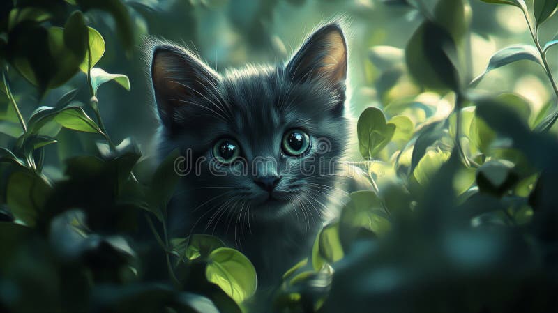Adorabil Gray Kitten ascuns în Lush Green Foliage vector illustration