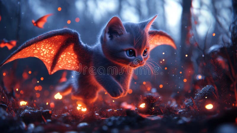 Adorabil Gray Kitten cu aripi de foc în Pădurea Întunecată vector illustration