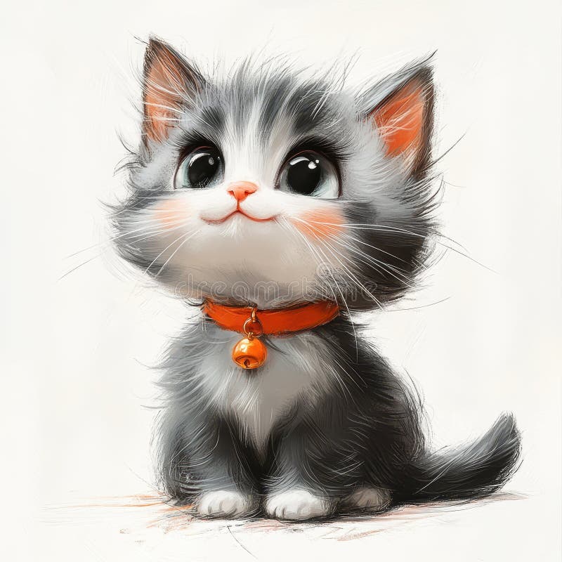 Adorabil Gray Kitten cu Orange Guler și Bell Look Up vector illustration