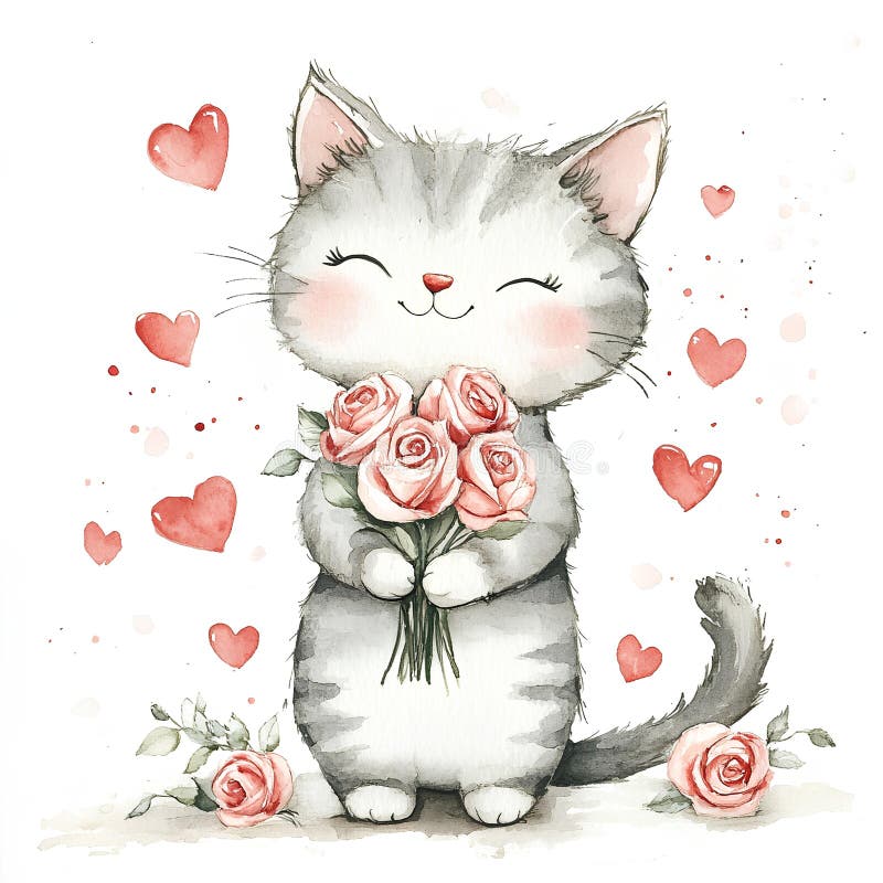 Adorabil Gray Kitten cu Pink Roses and Hearts Watercolor Paint vector illustration