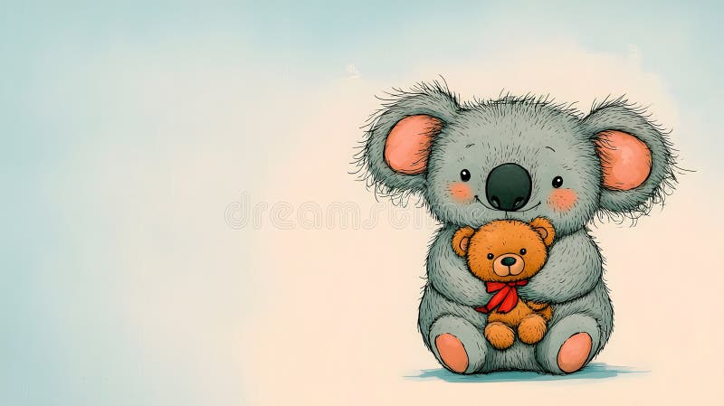 Adorabil Gray Koala Hugging Brown Teddy Bear Pastel Illustration stock illustration