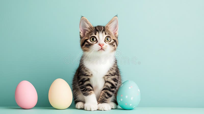 Adorabil Gray Tabby Kitten cu Pastel Paști Eggs on Aqua Background stock illustration