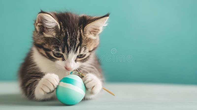 Adorabil Gray și White Kitten Jucându-se cu un Light Blue Easter Egg royalty free illustration