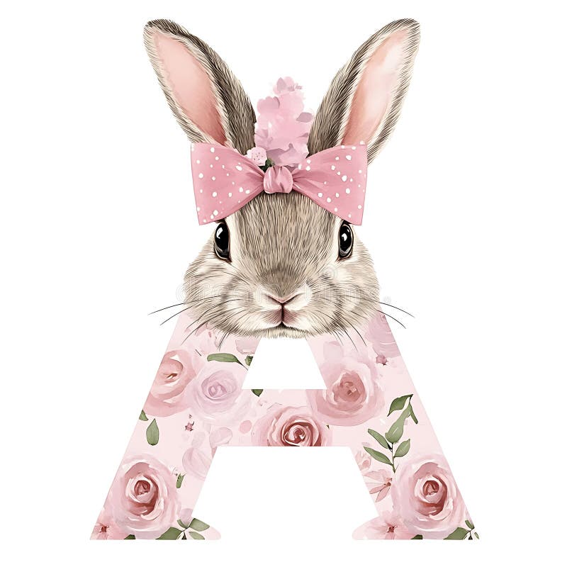 Adorabil Grey Bunny cu Pink Bow și Roses la litera A stock illustration