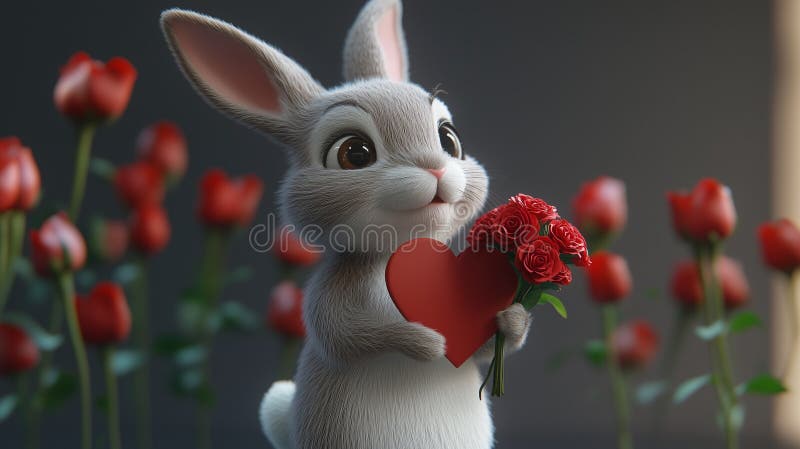 Adorabil Grey Bunny cu Red Heart and Carnations Between Roses AIgeneration. royalty free illustration