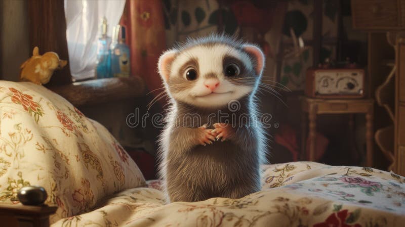 Adorabil Grey Ferret Stând pe un pat floral stock illustration
