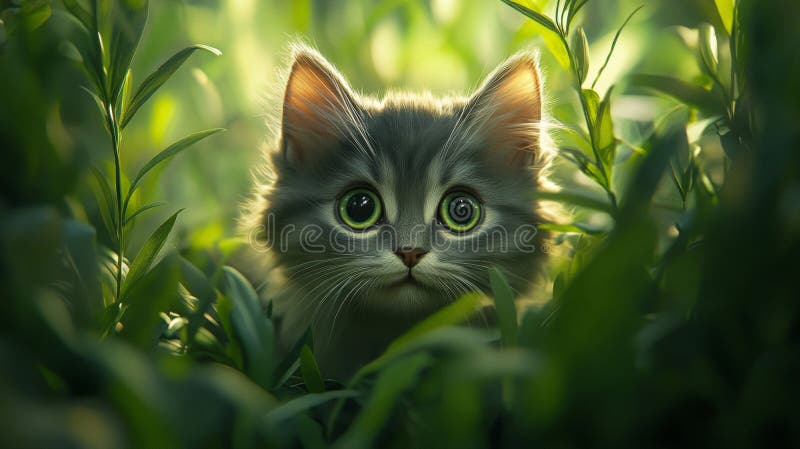 Adorabil Grey Kitten cu Green Eyes Hide In Lush Green Foliage stock illustration