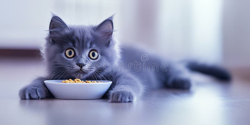 Adorabil Grey Kitten Eat Food from Bowl Close up Pet Portret stock illustration