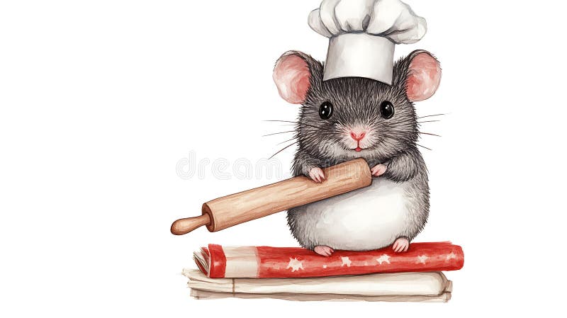 Adorabil Grey Mouse Chef cu Rolling Pin pe Red Starry Surface stock illustration