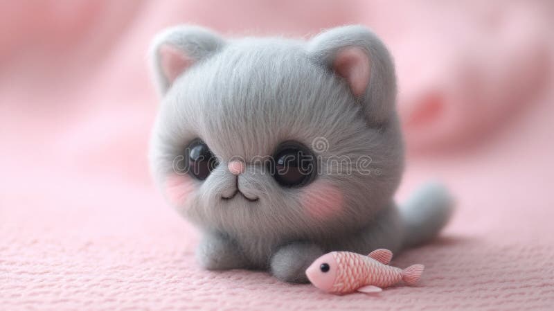 Adorabil Grey Needle Felted Kitten cu Pink Fish vector illustration
