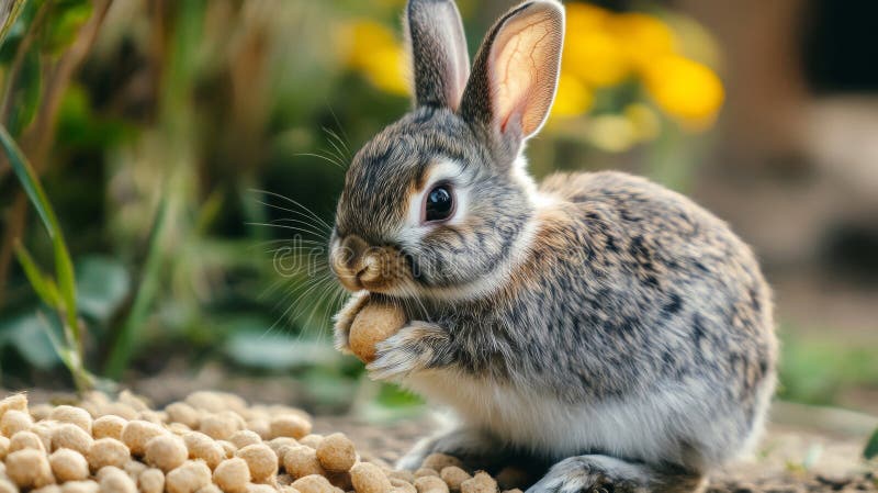 Adorabil Grey Rabbit Eat a Nut in a Garden vector illustration