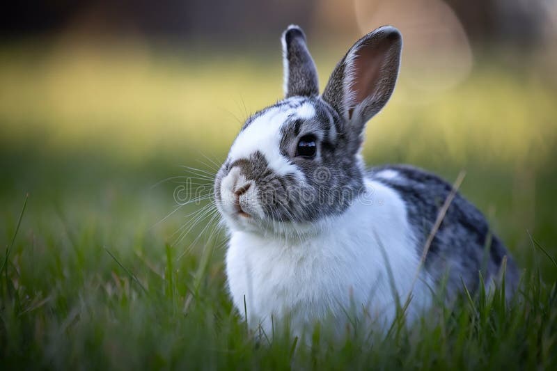 Adorabil Grey and White Rabbit in Lush Grass stock illustration