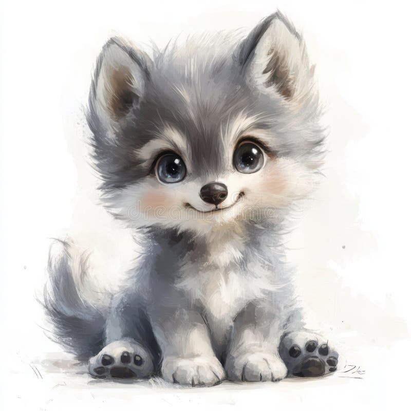 Adorabil gri lup catel cu mare albastru ochi în picioare pe fundal alb stock illustration