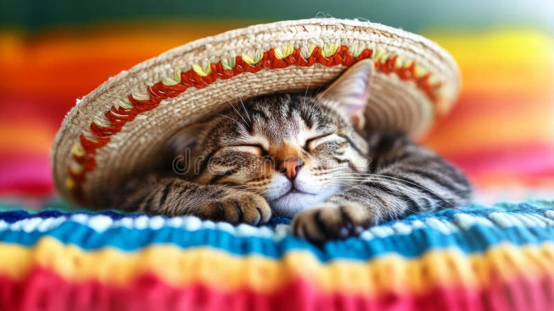 Adorabil Gri Tabby Pisica Dormind în Colorat Sombrero royalty free illustration