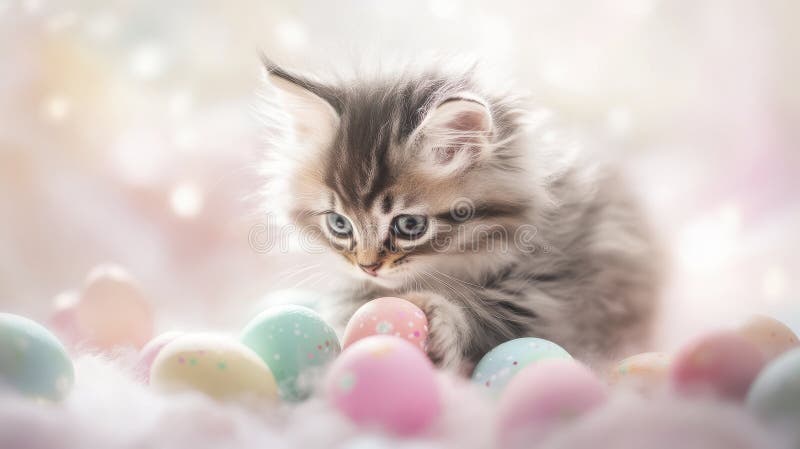 Adorabil Gri Tabby Pisicuta Cu Ochi Albaștri Printre Ouă Pastel De Paști vector illustration