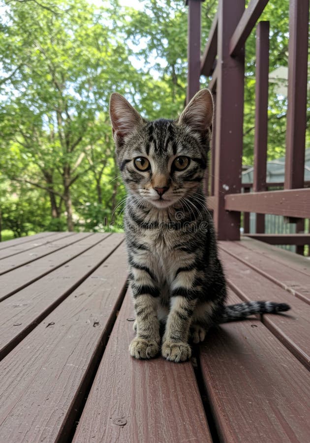 Adorabil gri Tabby pisoi Sitting pe o punte de lemn vector illustration