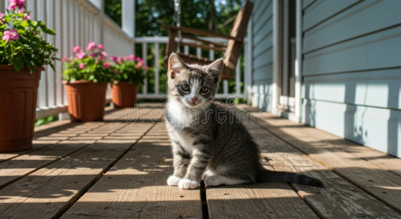 Adorabil Gri și Alb Pisicuta Sitting pe o Sunny Porch stock illustration