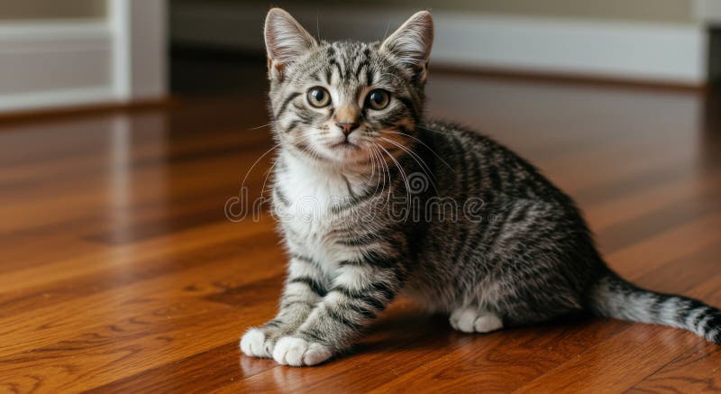 Adorabil gri și alb Tabby Kitten Sitting pe Hardwood Floor stock illustration