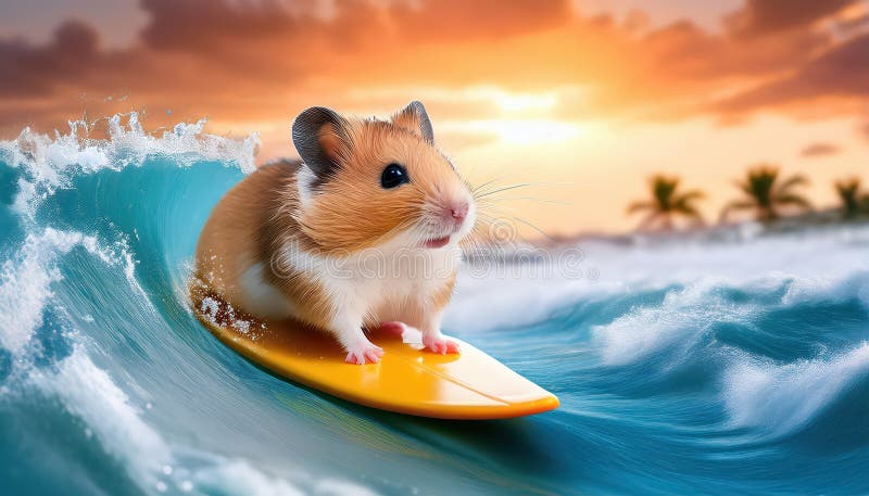 Adorabil Hamster Bucurându-se de o vacanță pe plajă tropicală Bazându-se pe Soare cu Joyful Abandon pe un Paradis Cald Island vector illustration