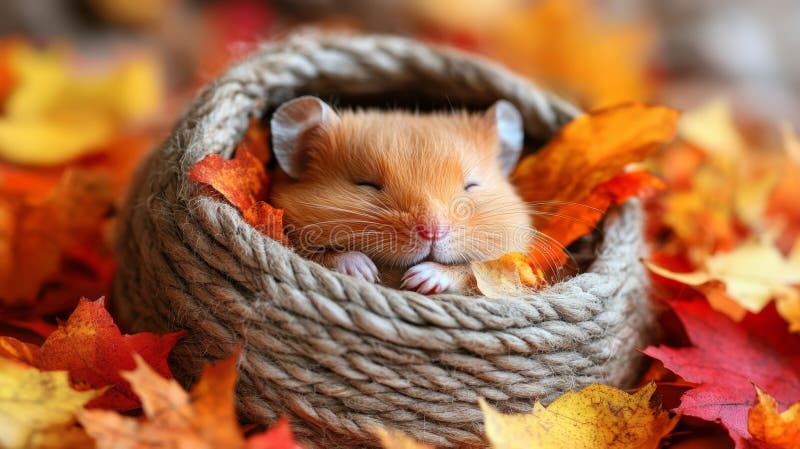 Adorabil Hamster Curled în minge de material moale înconjurat de frunze royalty free illustration