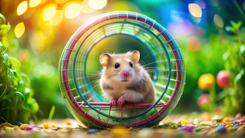 Adorabil hamster explorează o roată de exercițiu colorată într-un cadru vibrant de grădină. IA generativă vector illustration
