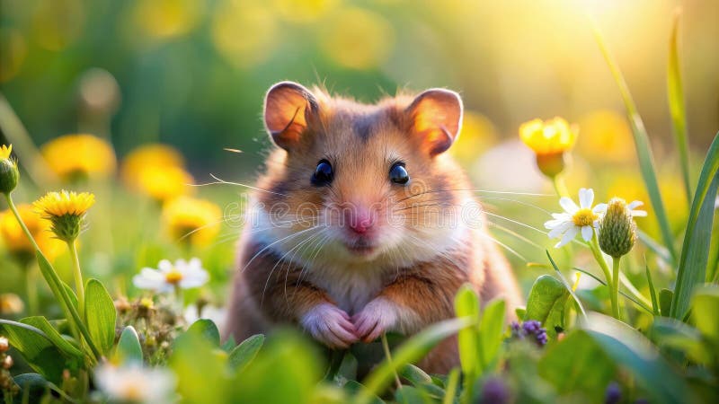 Adorabil hamster pozand printre flori de primăvară într-o pajiște însorită. IA generativă stock illustration