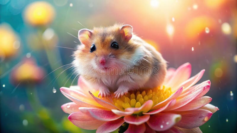 Adorabil hamster pozând pe o floare roz într-un cadru liniștit de grădină. IA generativă royalty free illustration