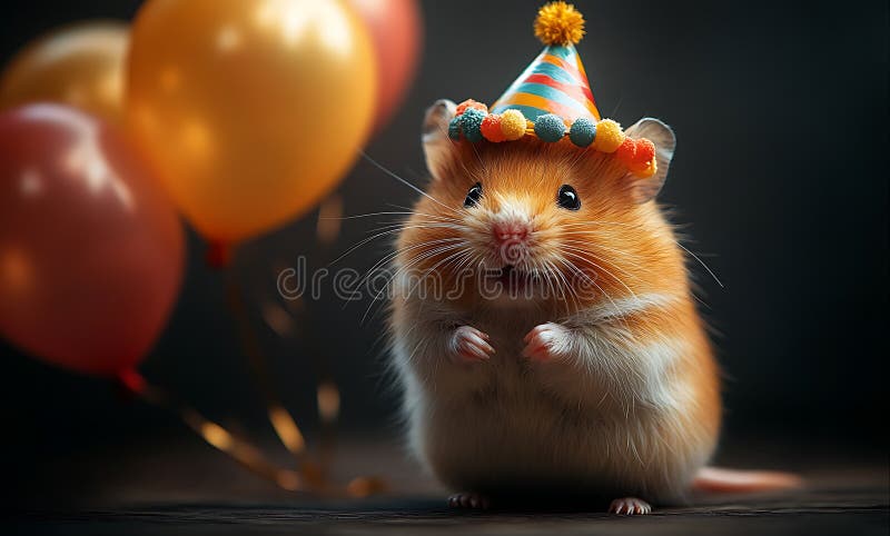 Adorabil Hamster Purtând Pălărie De Petrecere Sărbătorește Cu Baloane Colorate. vector illustration