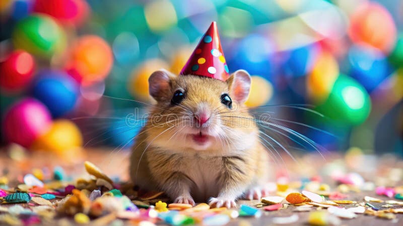 Adorabil hamster sărbătorește în confetti festive și pălărie de petrecere. IA generativă royalty free illustration