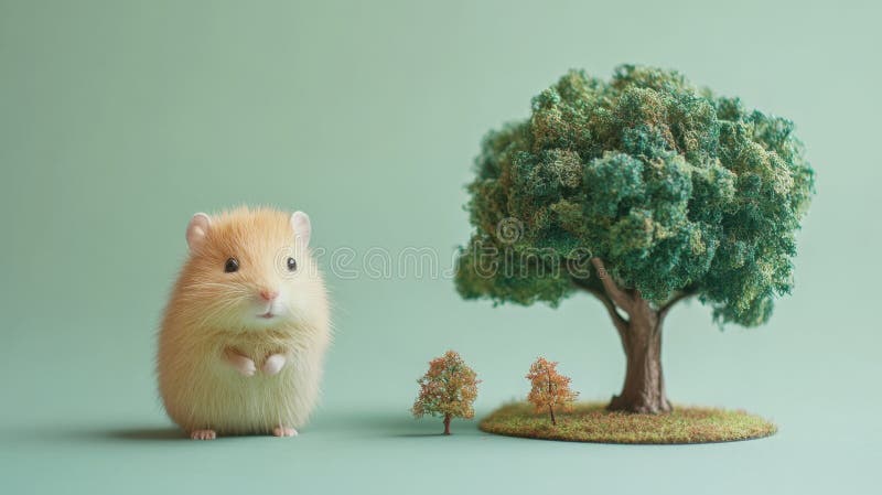 Adorabil Hamster în Costum Mic Beside Miniatură Arbore Display vector illustration