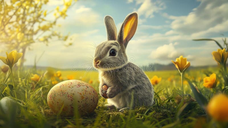 Adorabil iepure gri cu ouă de Paști în pajiștile de primăvară stock illustration
