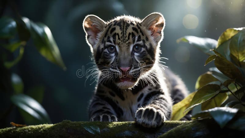 Adorabil Leopard Cub Înnorat în Cadru Păduri Tropicale. O imagine captivantă a unui pui de leopard înnorat, îndesat pe o ramură mossy în mijlocul frunzișului pădurii tropicale. Filtrele de lumină solară prin frunzele care scot în evidență blana striking a puilor.