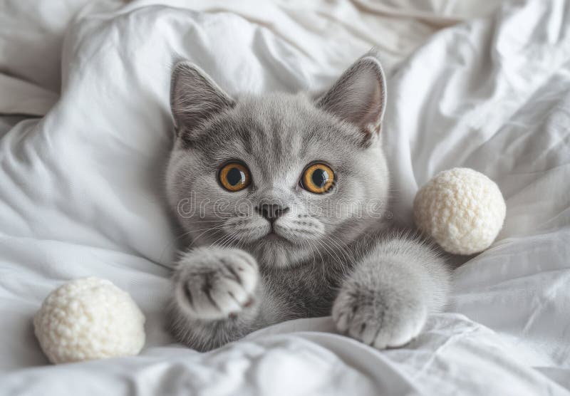 Adorabil pisoi gri în pat alb cu bile de fire stock illustration