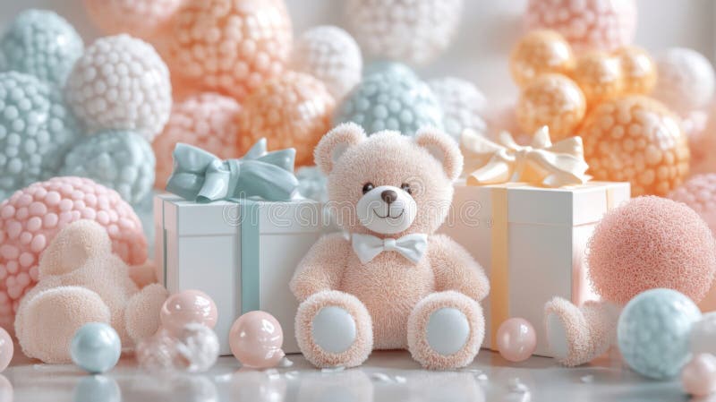 Adorabil Teddy Bear cu Pastel Gift and Balon royalty free illustration