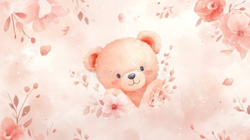 Adorabil Teddy Bear in Pink Watercolor Floral Set stock illustration