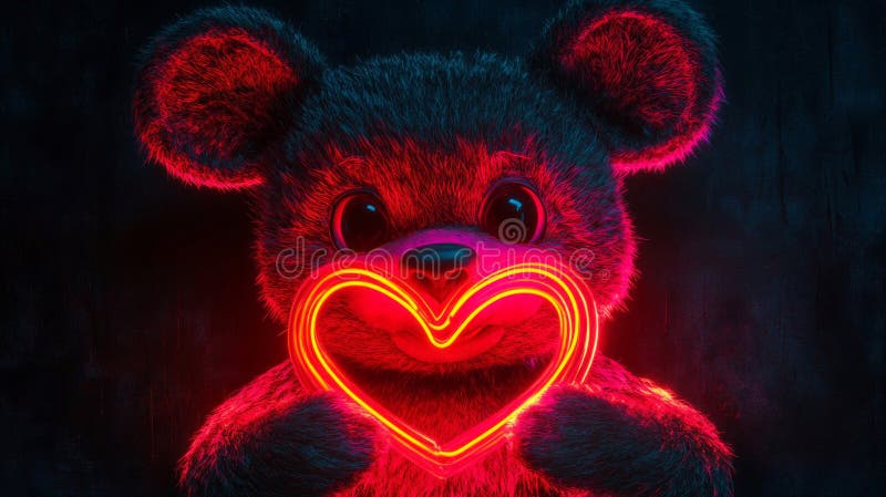 Adorabil Ursulet De Pluș Holding Neon Inima stock illustration