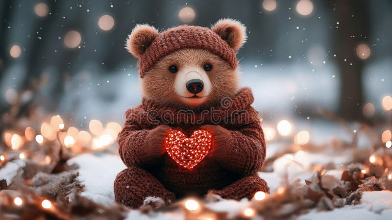 Adorabil Ursulet de pluș în Winter Wonderland Holding Inima stock illustration