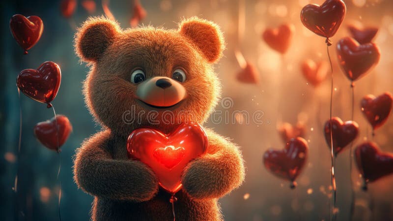 Adorabil ursuleț de pluș care deține inima cu baloane roșii royalty free illustration