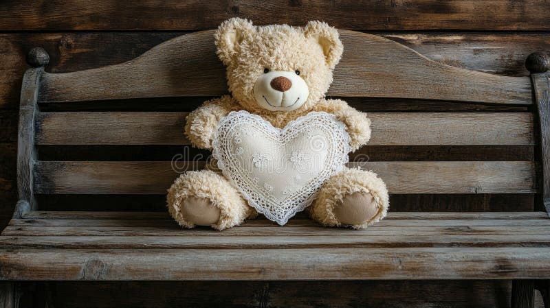 Adorabil ursuleț de pluș care deține inima pe bancă rustică stock illustration