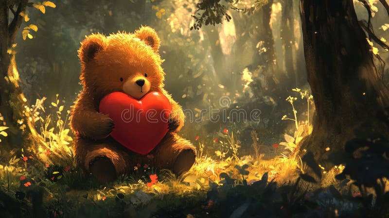 Adorabil ursuleț de pluș care deține inima într-o pădure magică stock illustration