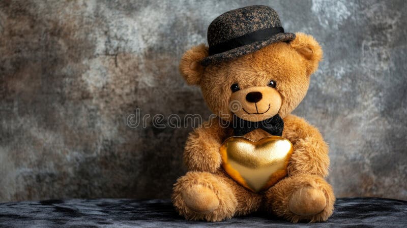 Adorabil ursuleț de pluș care deține o inimă de aur royalty free illustration
