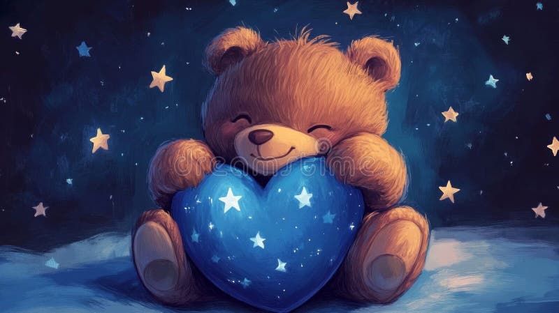 Adorabil ursuleț de pluș care deține o inimă stelată la noapte royalty free illustration