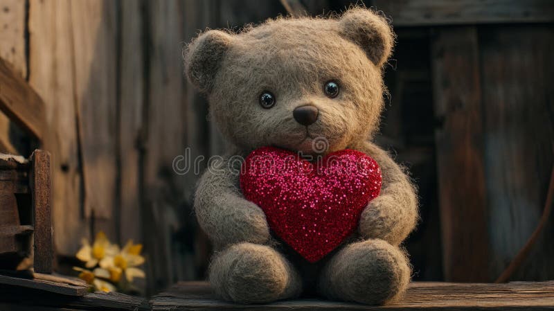 Adorabil ursuleț de pluș care deține o inimă strălucitoare stock illustration
