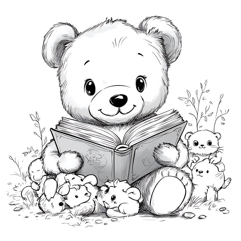 Ursuleț de pluș adorabil citind o carte la pui royalty free illustration