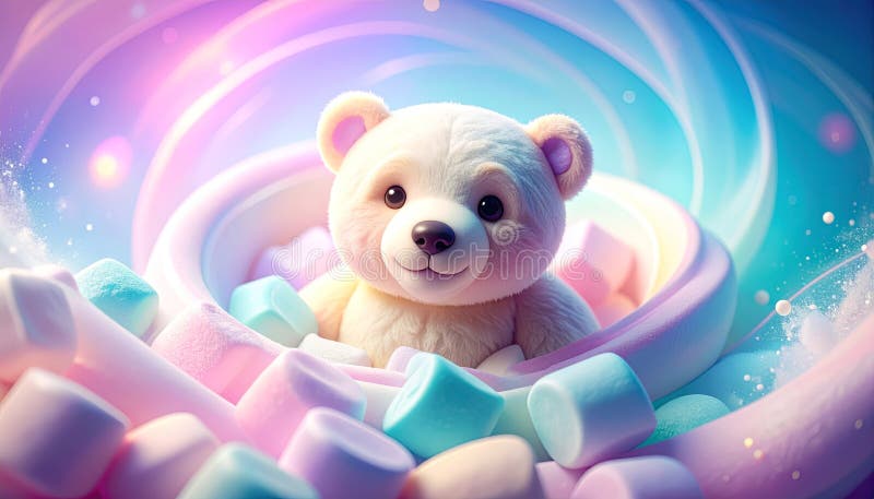Adorabil ursuleț de pluș se bucură de un vis dulce cuibărit în munte de bomboane colorate stock illustration