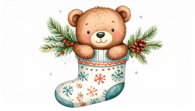 Adorabil ursuleț de pluș în șosetă de Crăciun cu holly și pin o scenă de sărbători festive vector illustration