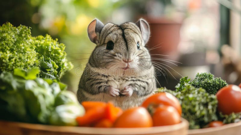 Adorabila Chinchilla Gri Printre Legumele Proaspete royalty free illustration