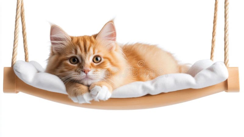Adorabila Ginger Cat Relaxing in Designer Hammock with White Background vector illustration