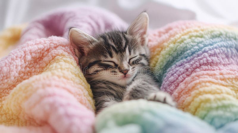 Adorabila Pisicuță Cenușie Dormind pe o pătură de Patel Rainbow Knit stock illustration